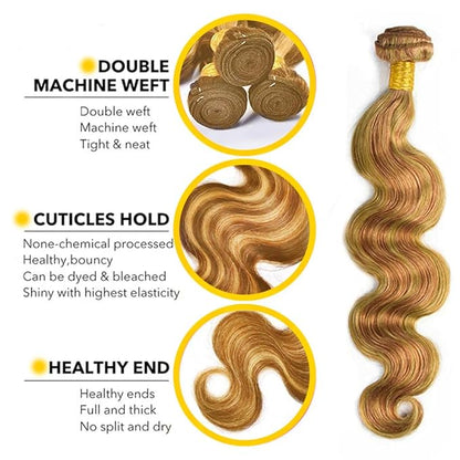 2730 Blonde Body Wave Bundles Human Hair Ombre Honey Blonde Bundles 14 16 18 Inch Unprocessed Brazilian Virgin Remy Hair Extensions Silky Soft 3 Highlight Bundles Hair Weave