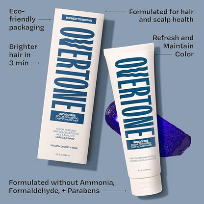 Overtone Daily Color Depositing Conditioner - 4.5 oz Temporary Coloring Conditioner w/Shea Butter & Coconut Oil - Refresh Color & Prevent Fading - Vegan & Cruelty-Free, Blue for Brown is Indigo Iris