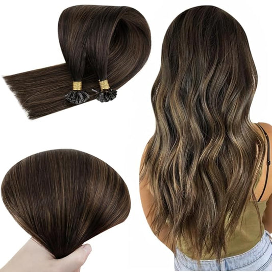 RUNATURE U Tip Hair Extensions Human Hair 22 Inch Straight U Tip Human Hair Extensions Balayage Dark Brown to Ash Brown with Dark Brown Pre Bonded Hair Extensions Remy Hair Silky 50g 50 Strands