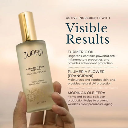 Juara Candlenut Glow Body Oil — Deluxe Hydration for Skin, Hands, Feet, Hair — Dry Skin Therapy — Moisturizing Treatment — Lightweight Formula — Paraben and Sulfate Free — 100% Vegetarian — 4 oz