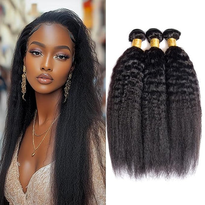 Natural Color Yaki Straight Bundles Color 1B Kinky Straight Bundles Brazilian Human Hair Extensions Soft and Silky for Black Women 22 24 26 Inch