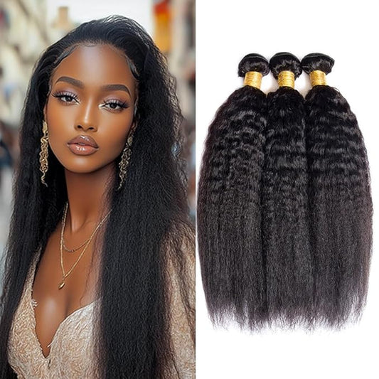 Natural Color Yaki Straight Bundles Color 1B Kinky Straight Bundles Brazilian Human Hair Extensions Soft and Silky for Black Women 22 24 26 Inch