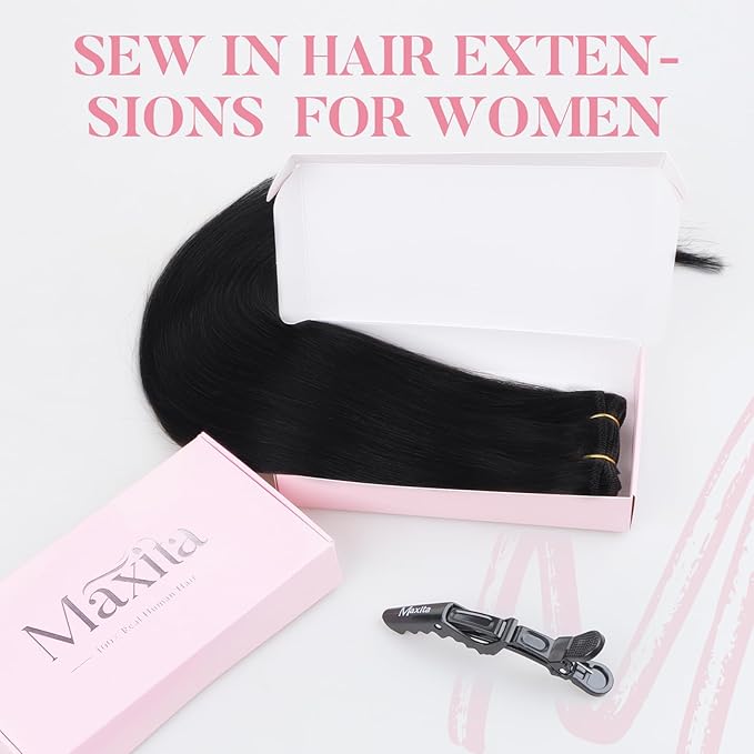 MAXITA Sew in Human Hair Extensions Jet Black Weft Hair Extensions Real Human Hair 100g 18 inch Silky Stright Double Weft Black Hair Weft Extensions Sew in Extensions