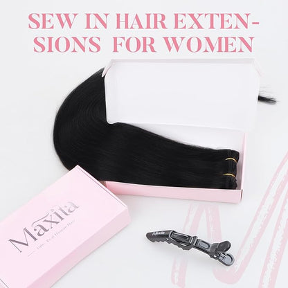 MAXITA Sew in Human Hair Extensions Jet Black Weft Hair Extensions Real Human Hair 100g 18 inch Silky Stright Double Weft Black Hair Weft Extensions Sew in Extensions