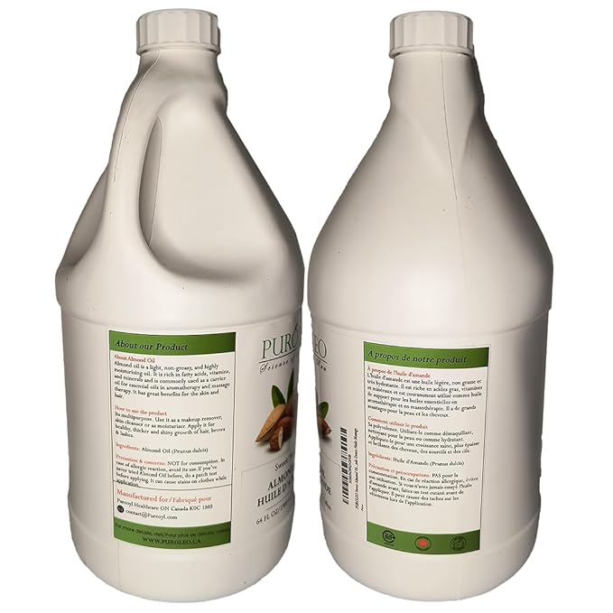 PUROLEO Sweet Almond Oil 64 Fl Oz/1900 ML 100% Natural and Pure | Moisturizer & Carrier Oil | Beauty & DIY Blends, Massage Oil, Body Oil, Hair Oil and Baby Oil | Made from Almonds raw