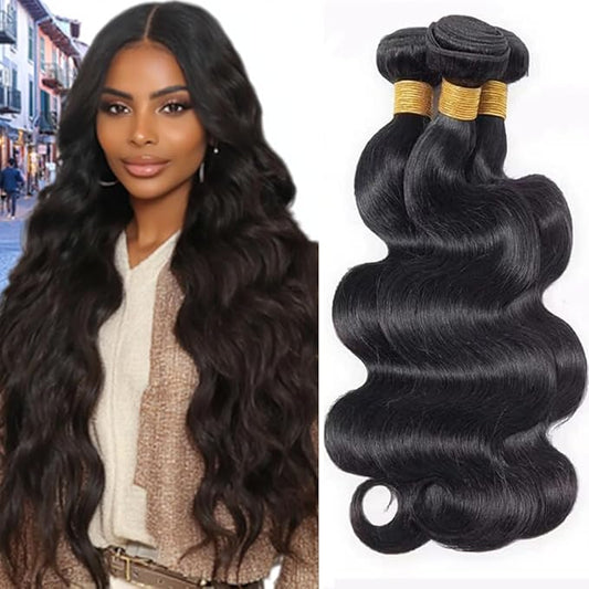 26 28 30 Inch #1B Body Wave Human Hair Bundles Natural Black Body Wave Bundles Brazilian Remy Weave Hair Extensions Soft and Silky for Women