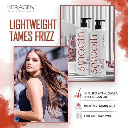 Keragen - Smoothing Shampoo and Conditioner with Keratin and Collagen for All Hair Types, Sulfate Free, 32 Oz - Moisturizes, Strengthens, Protects Color and Repair - Panthenol