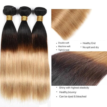 T1B4/27 Bundles Human Hair Ombre Brown Straight Bundle Mixed Length 3 Bundles 14 16 18 Inch Double Weft Virgin Remy Bundle Hair Weave