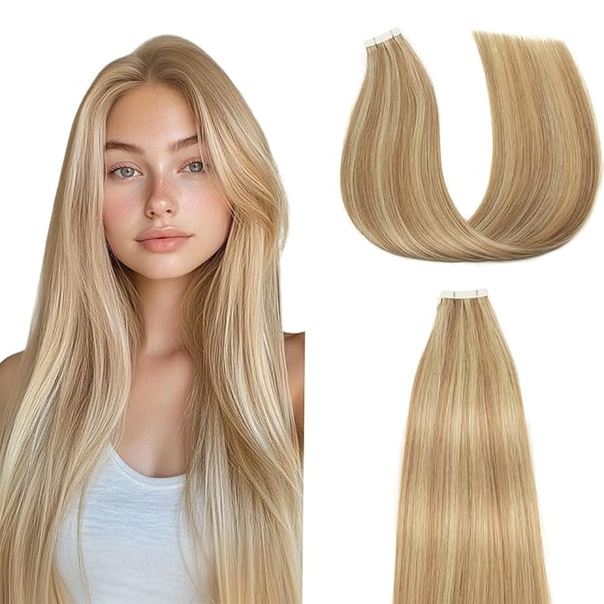 26 Inch Tape In Hair Extensions HuxoWax P27/613 Straight Hair Extensions Double Weft Highlight Blonde VirgIn Soft And Silky Remy Hair