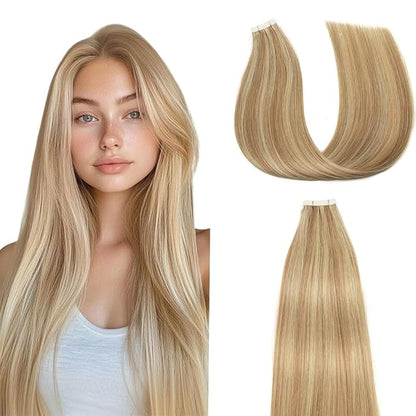 26 Inch Tape In Hair Extensions HuxoWax P27/613 Straight Hair Extensions Double Weft Highlight Blonde VirgIn Soft And Silky Remy Hair