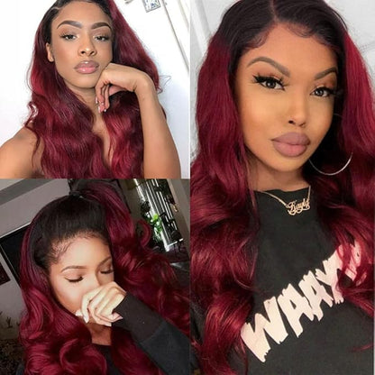 Ombre Human Hair Bundles Burgundy Body Wave Bundles Niegmeag Peruvian Grade 8A Virgin Remy Hair Extensions 12 14 16 Inch 2 Tone Black and Red Bundle