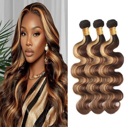 Ombre Honey Blonde Body Wave Bundles Highlight P427 Body Wave Bundles Brown and Blonde Brazilian Human Hair Extensions Soft and Silky for Black Women 20 22 24 Inch