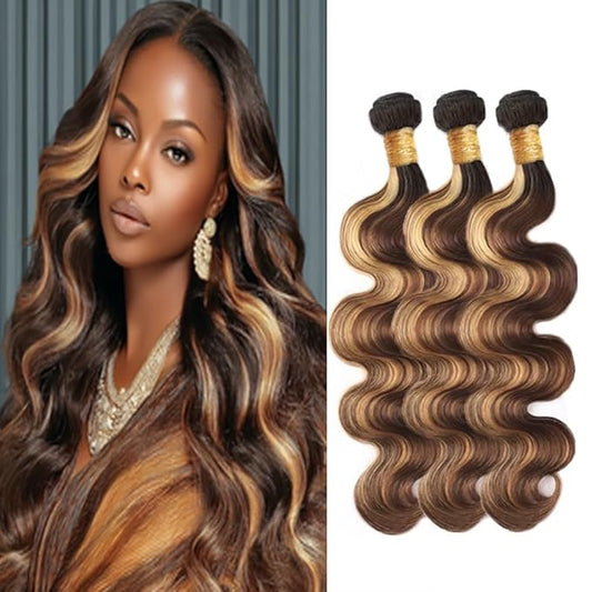 P427 Body Wave Bundles Highlight Ombre Dark Brown and Honey Blonde Bundles Two Tone Brazilian Human Hair Extensions Soft and Silky for Black Women 8 10 12 Inch