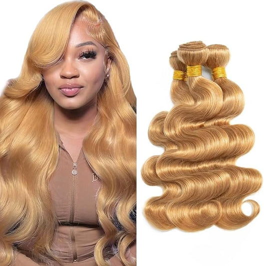 #27 Blonde Bundles Human Hair Body Wave Bundles 28 30 32 Inch Unprocessed Brazilian Virgin Hair Weave 3 Bundles 50 Grams Per Bundle Honey Blonde Human Hair Extensions