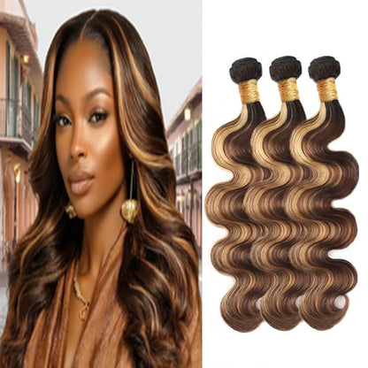 P427 Body Wave Bundles Human Hair Highlight Body Wave Bundles Brown and Blonde Double Weft Brazilian Human Hair Extensions Soft and Silky for Black Women 22 24 26 Inch