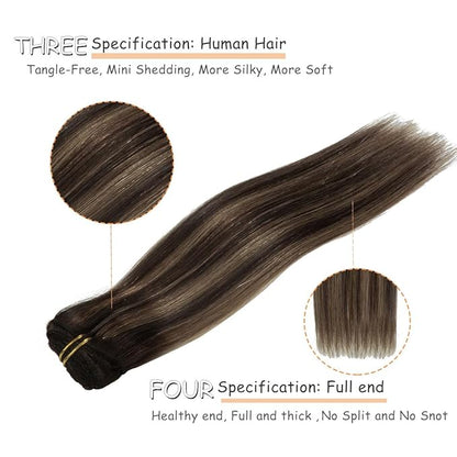 Caliee Balayage Dark Brown and Chestnut Brown with Dark Brown Roots 18inch Clip in Hair Extensions Human Hair Silky Straight 120 gram Double Weft Lace Clip in Hair