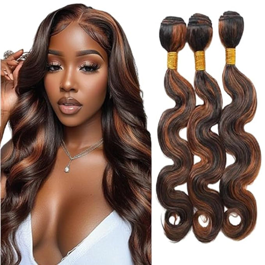 P1B30 Bundles Body Wave Bundles Human Hair Two Tone Black and Brown With Highlights Body Wave Brazilian Weave Soft and Silky for Women 28 28 28 Inch