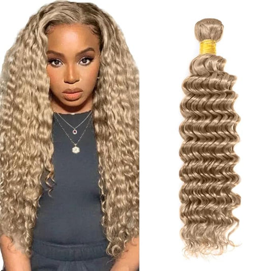 #22 Blonde Bundles Human Hair Deep Wave Bundles 32 Inch Human Hair Weave 1 Bundle Unprocessed Brazilian Virgin Hair Ash Blonde Deep Wave Human Hair Extensions 50 Grams/Bundle