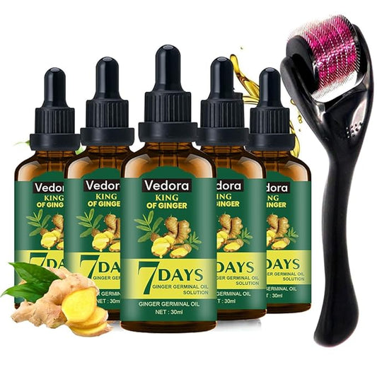Vedora Ginger Oil for Hair Growth alongwith Roller - Hair Growth Serum, 100% Pure Natural Ginger Essential Oil - Promotes Strong, Thick, Long Hair in Women & Men - 5.05 Fl Oz / 150ML (5 PCS+Roller)
