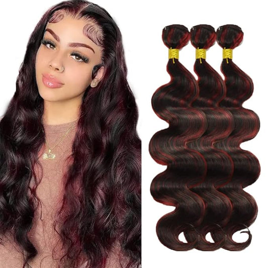 Highlight Human Hair Bundles Burgundy Body Wave Bundles 26 26 26 Inch 2 Tone Red and Black Bundle Grade 8A Peruvian Virgin Remy Hair Extensions