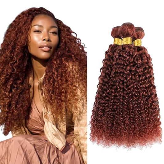 Color 33 Curly Bundles Red Brown Curly Bundles 8a Grade Weave Extensions Brazilian Human Hair Soft and Silky for Black Women 18 20 22 Inch