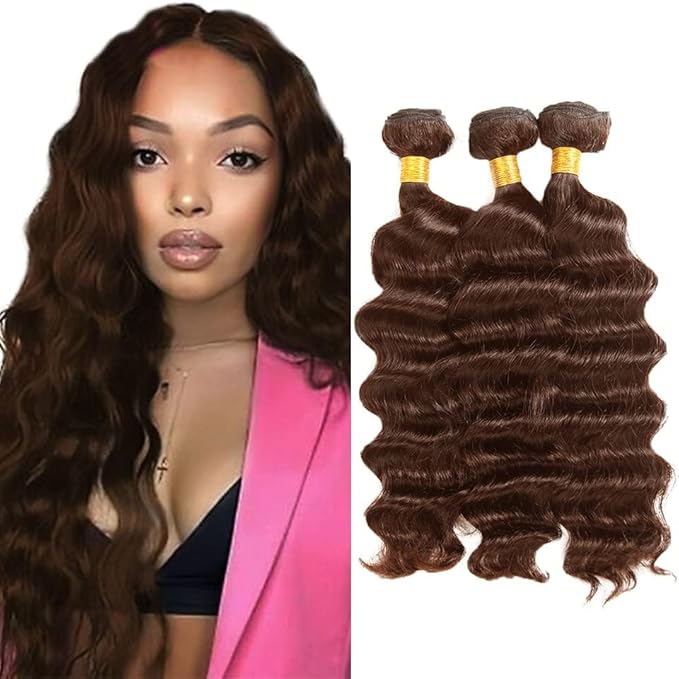 #4 Brown Bundles Human Hair Deep Wave Bundles 14 14 14 Inch Human Hair Weave 3 Bundle Unprocessed Brazilian Virgin Hair Chocolate Brown Deep Curly Human Hair Extensions 50 Grams/Bundle