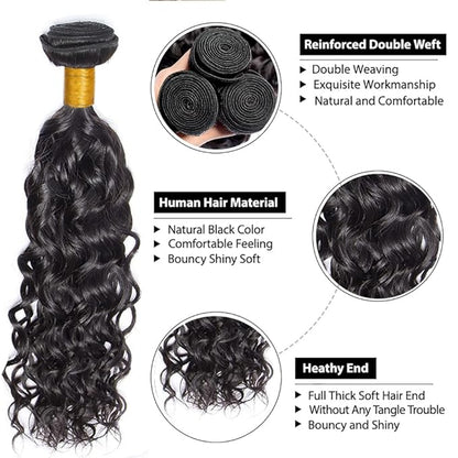 #1B Human Hair Bundles Water Wave Bundles 24 26 Inch 2 Bundles Unprocessed Brazilian Virgin Hair Weave 50 Grams Per Bundle Water Wave Bundle Human Hair Extensions Natural Color