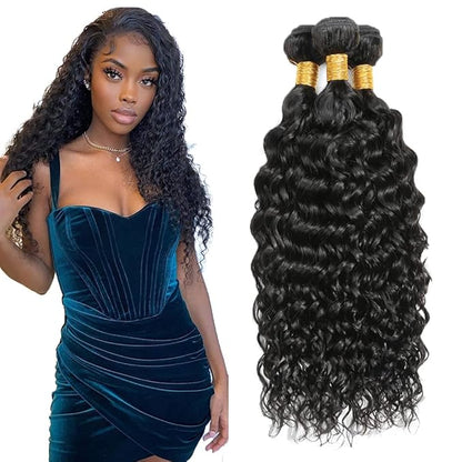 #1B Human Hair Bundles Water Wave Bundles 28 30 32 Inch Unprocessed Brazilian Virgin Hair Weave 3 Bundles 50 Grams Per Bundle Natural Color Bundle Human Hair Extensions
