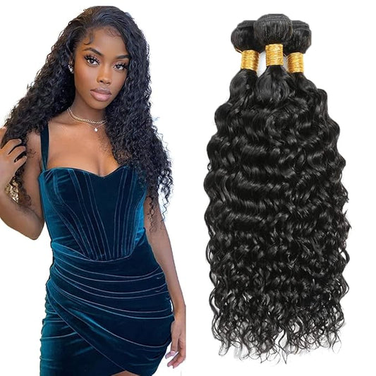 #1B Human Hair Bundles Water Wave Bundles 28 30 32 Inch Unprocessed Brazilian Virgin Hair Weave 3 Bundles 50 Grams Per Bundle Natural Color Bundle Human Hair Extensions