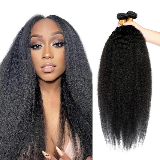 Kinky Straight Human Hair Bundles Natural Color Yaki Straight Bundles Unprocessed Brazilian Virgin Hair 3 Bundles 16 16 16 Inch Kinky Straight Bundles Human Hair Color 1B Yaki Bundles