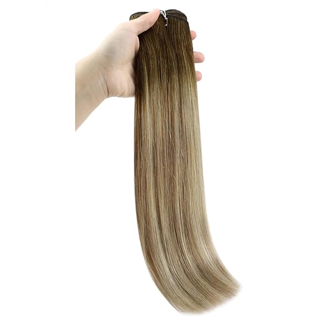Full Shine Weft Hair Extensions Human Hair #3/8/22 Balayage Sew In Hair Extensions Color Dark Brown To Light Brown Mix Light Blonde Human Hair Extensions Remy Straight Hair 12 Inch
