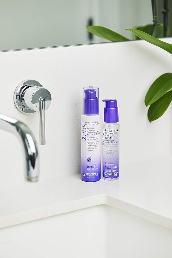 GIOVANNI 2chic Ultra Shine Leave-In Conditioning & Styling Elixir - Hair Serum for All Hair Types, Tsubaki Seed Oil & White Tea, Detangles, Smooths & Conditions, Tames Frizz - 4 oz