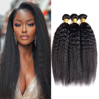 #1B Kinky Straight Bundles Human Hair Natural Color Yaki Straight Bundles Brazilian Human Hair Extensions Soft and Silky for Black Women 20 22 24 Inch