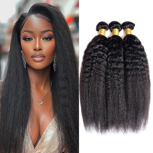 #1B Kinky Straight Bundles Human Hair Natural Color Yaki Straight Bundles Brazilian Human Hair Extensions Soft and Silky for Black Women 20 22 24 Inch