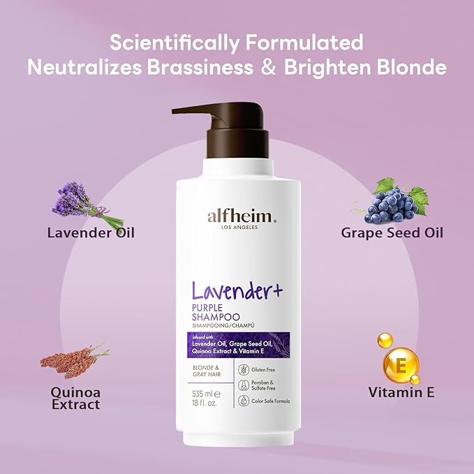 ALFHEIM Lavender+ Purple Shampoo | Moisturizing & Brass Control | Sulfate-Free, Color-Safe | For Blonde, Silver & Highlighted Hair | Infused with Lavender Oil & Vitamin E | 18 oz