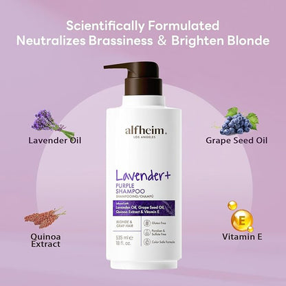 ALFHEIM Lavender+ Purple Shampoo | Moisturizing & Brass Control | Sulfate-Free, Color-Safe | For Blonde, Silver & Highlighted Hair | Infused with Lavender Oil & Vitamin E | 18 oz