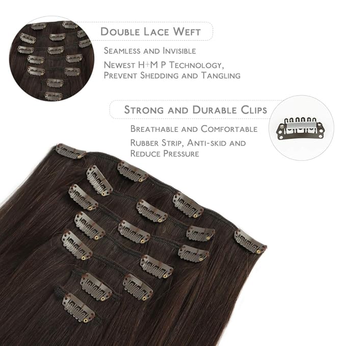WENNALIFE Clip in Hair Extensions Real Human Hair, 14 Inch 120g 7pcs Dark Brown to Chestnut Brown and Dirty Blonde Highlighted Clip In Human Hair Remy Clip in Hair Extensions Double Weft