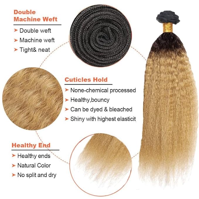 Ombre Human Hair Bundles 1B27 Kinky Straight Bundles 26 28 30 Inch Double Weft 2 Tone Black and Blonde Bundle Grade 8A Peruvian Virgin Remy Hair Extensions 100g/Pc
