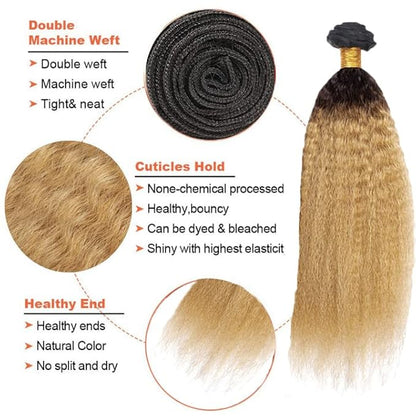 Ombre Human Hair Bundles 1B27 Kinky Straight Bundles 26 28 30 Inch Double Weft 2 Tone Black and Blonde Bundle Grade 8A Peruvian Virgin Remy Hair Extensions 100g/Pc