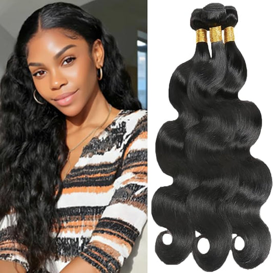 #1B Body Wave Bundles Human Hair Color 1B Body Wave Bundles Double Weft Brazilian Human Hair Extensions Soft and Silky for Black Women 14 14 14 Inch