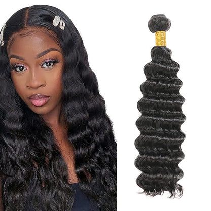 #1B Human Hair Bundles Deep Wave Bundles 26 Inch Unprocessed Brazilian Virgin Hair Weave 1 Bundle 50 Grams Per Bundle Natural Color Bundle Human Hair Extensions