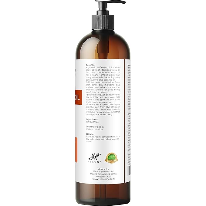 velona Safflower Oil 8 fl oz | 100% Pure and Natural Carrier Oil | Refined, Expeller Pressed | Cooking, Skin, Hair, Body & Face Moisturizing | Use Today - Enjoy Results