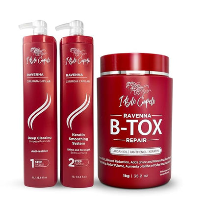 Ravenna Professional Keratin Hair B-tox -Cirugia Capilar para el Cabello, Smoothing, B-tox Hair Treatment, Celulas Madres Para el Cabello-Straightener System 3x1L 105.8oz
