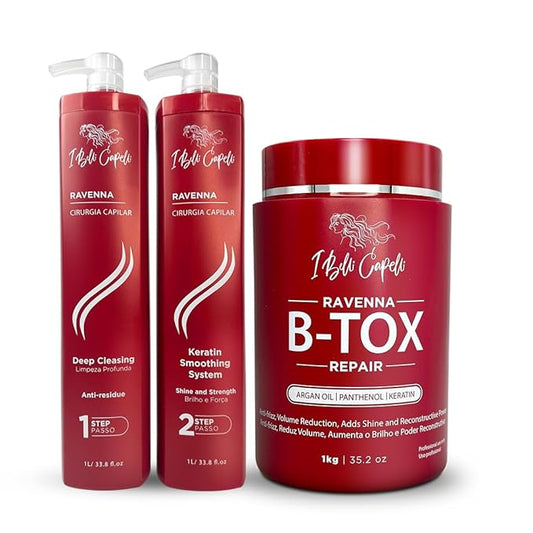 Ravenna Professional Keratin Hair B-tox -Cirugia Capilar para el Cabello, Smoothing, B-tox Hair Treatment, Celulas Madres Para el Cabello-Straightener System 3x1L 105.8oz