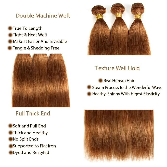 Color 30 Bundles Human Hair Light Brown Straight Human Hair Bundles 14 16 18 Inch Brown Bundles Human Hair Color Silky Soft Unprocessed Remy Hair Extensions #30 Straight Human Hair Bundles