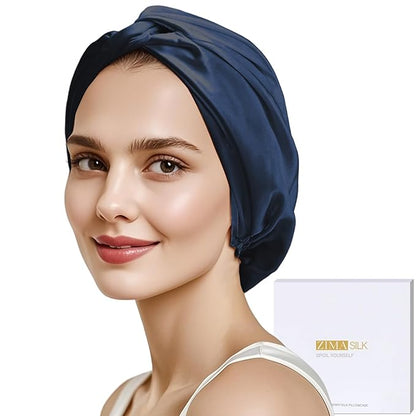 ZIMASILK 22 Momme Adjustable 100% Mulberry Silk Bonnet for Sleeping Women, Silk Hair Wrap for Hair Protection, That Reduces Falling off (1Pc, Navy Blue)