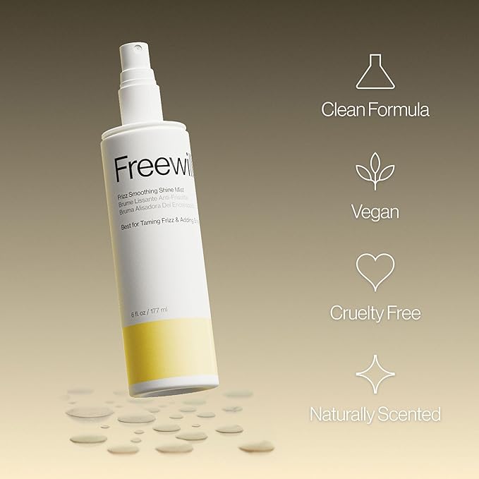 Freewill Frizz Smoothing Shine Mist - Lightweight Non-Greasy Hair Shine Spray for Frizz Control & Flyaways - Hydrating Mist with Argan, Coconut, & Ginger Root Oil - Vegan Hair Care - 6 fl oz