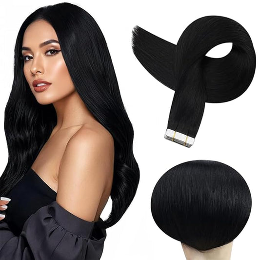Tape In Hair Extensions 20 Inch Color #1 Straight Hair Extensions HuxoWax Double Weft VirgIn Soft And Silky Remy Invisible Natural Color