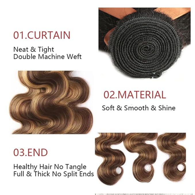 1BP427 Bundles Human Hair Highlight Body Wave Bundles Ombre Honey Blonde Two Tone Brazilian Human Hair Extensions Soft and Silky for Black Women 14 16 18 Inch