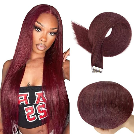 28 Inch Tape In Hair Extensions HuxoWax 99J Straight Hair Extensions Double Weft Invisible Burgundy VirgIn Soft And Silky Remy Hair